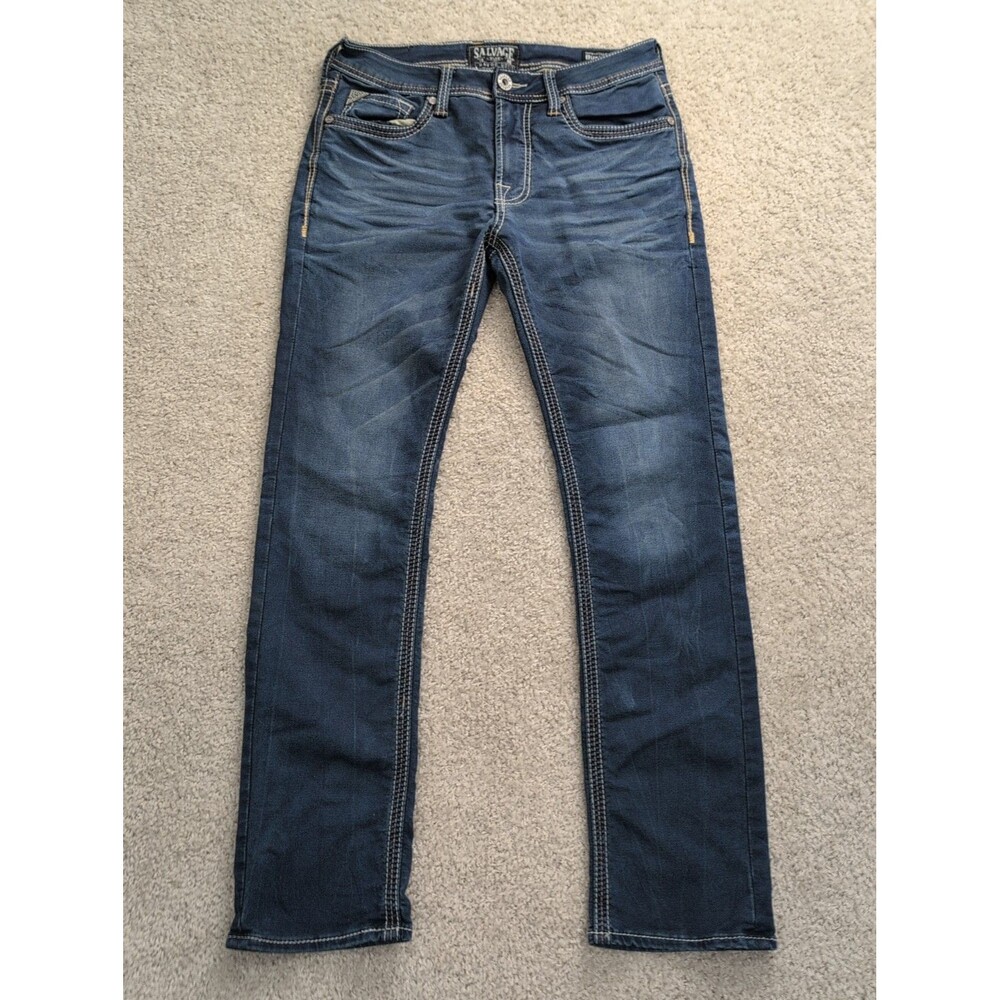 Salvage Havoc Slim Straight Jeans Men's 31R Whiskering Med Wash Chunky Threading